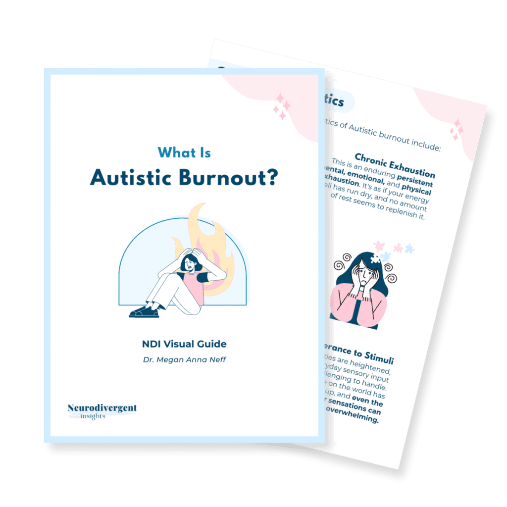 Cover image of the ‘What Is Autistic Burnout?’ NDI Visual Guide by Dr. Megan Anna Neff, showing an illustrated person sitting with their head in their hands in front of stylized flames.