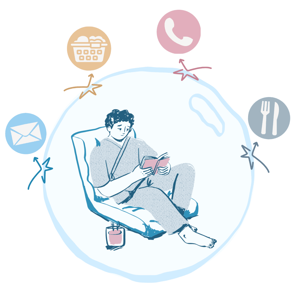 Hand-drawn illustration of a person reclining in a lounge chair inside a translucent bubble, absorbed in reading a book with a drink by their side, while four colored icons—an email envelope, a task or calendar icon, a phone symbol, and a plate with cutlery—float outside the bubble with arrows and star-shaped marks indicating that everyday demands like messages, tasks, calls, and meals are bouncing off and not reaching the person, visually representing a protected monotropic focus state.