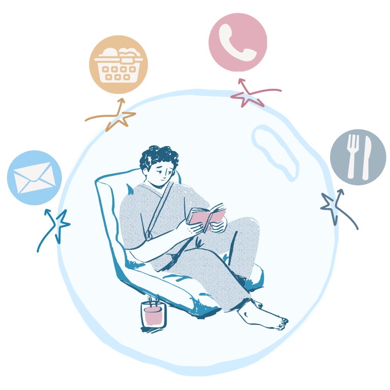 Illustration of a person reading calmly inside a protective bubble while emails, calls and chores bounce off