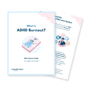 "What Is ADHD Burnout?" NDI Visual Guide by Dr. Megan Anna Neff — two illustrated pages in navy, pink and pale blue.