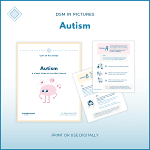 Mockup of a personal resource titled ‘DSM in Pictures: Autism’ with a cover page featuring a smiling cartoon brain and two interior pages that visually explain DSM autism criteria, set on a soft blue gradient background with the words ‘Print or use digitally’.