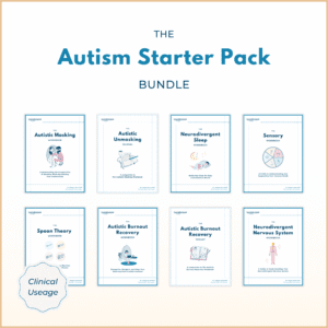 Image of “The Autism Starter Pack Bundle (Clinical Usage)” showing eight workbook and journal covers on autistic masking, unmasking, neurodivergent sleep, sensory processing, spoon theory, autistic burnout recovery, and the neurodivergent nervous system.