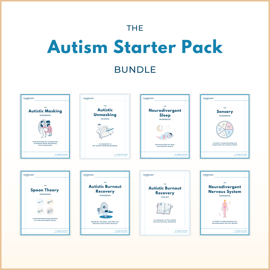 Image of “The Autism Starter Pack Bundle” featuring eight workbook covers arranged in two rows on a cream background. Titles include Autistic Masking Workbook, Autistic Unmasking Journal, Neurodivergent Sleep Workbook, Sensory Workbook, Spoon Theory Workbook, Autistic Burnout Recovery Workbook, Autistic Burnout Recovery Toolkit, and Neurodivergent Nervous System Workbook.