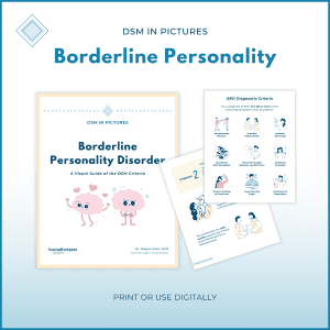 Visual guide preview for "DSM in Pictures: Borderline Personality Disorder" showing the cover and sample diagnostic criteria and Criterion 2 pages