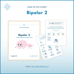 Visual guide preview for "DSM in Pictures: Bipolar 2" showing the cover and a Criterion A page mapping the hypomanic and depressive episode criteria