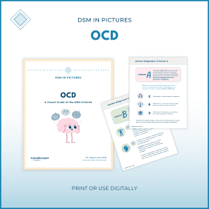 Mockup of a personal resource titled ‘DSM in Pictures: OCD’ showing a cover page with a worried cartoon brain and two interior pages with illustrated DSM criteria, on a soft blue gradient background with the text ‘Print or use digitally’.