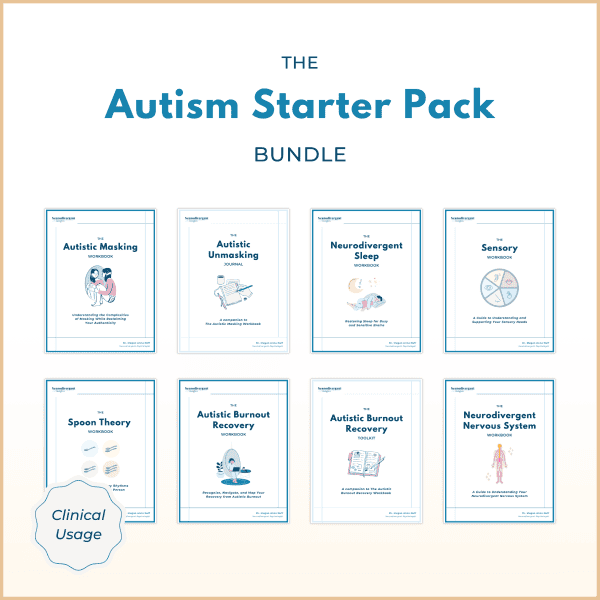 Eight covers from the Autism Starter Pack Bundle, including masking, unmasking, sleep, and burnout recovery.
