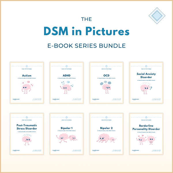 Product graphic for "The DSM in Pictures E-Book Series Bundle" showing eight guide covers: autism, ADHD, OCD, social anxiety, PTSD, bipolar 1, bipolar 2, and borderline personality disorder