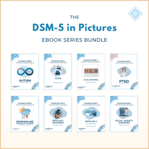 The DSM-5 in Pictures eBook Series Bundle featuring eight illustrated guides on common mental health diagnoses including Autism, ADHD, OCD, PTSD, Bipolar Disorder, and more.