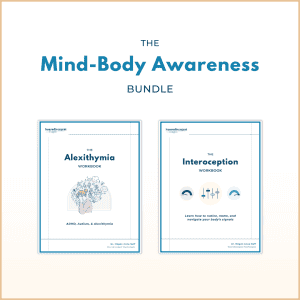 The Mind-Body Awareness Bundle featuring two digital workbooks—The Alexithymia Workbook and The Interoception Workbook—by Dr. Megan Anna Neff. Visual covers show calm, minimalist illustrations representing emotion and body awareness.