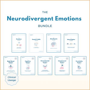The Neurodivergent Emotions Bundle for clinical usage featuring eight digital workbooks on emotion regulation, interoception, alexithymia, and factors influencing neurodivergent emotional life.