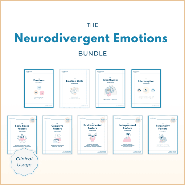 Bundle mockup pairing the Alexithymia Workbook, on ADHD, autism, and alexithymia, with the Nine workbook covers from the Neurodivergent Emotions Bundle arranged in two rows.