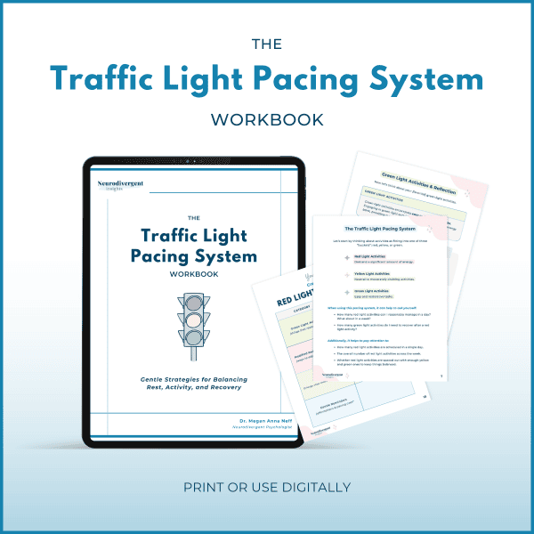 Mockup of The Traffic Light Pacing System Workbook by Dr. Megan Anna Neff, shown alongside an author introduction page with photo and bio of Dr. Neff. Decorative blue patterns and pink sparkles frame the layout.