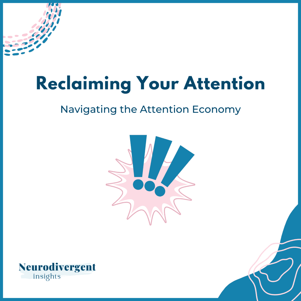 Square version of the “Reclaiming Your Attention” cover with subtitle about navigating the attention economy. Teal frame, brand navy title, abstract corner accents, and NDI logo in lower left.