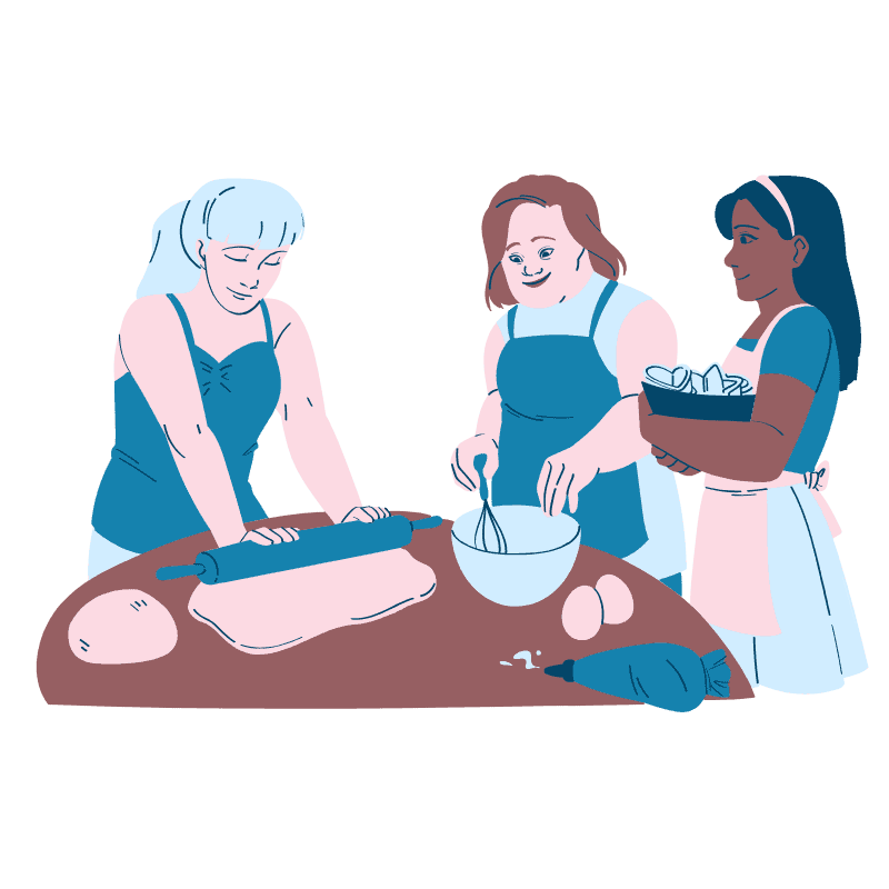 An illustration of three women baking together, rolling dough, whisking ingredients, and holding a bowl of supplies.