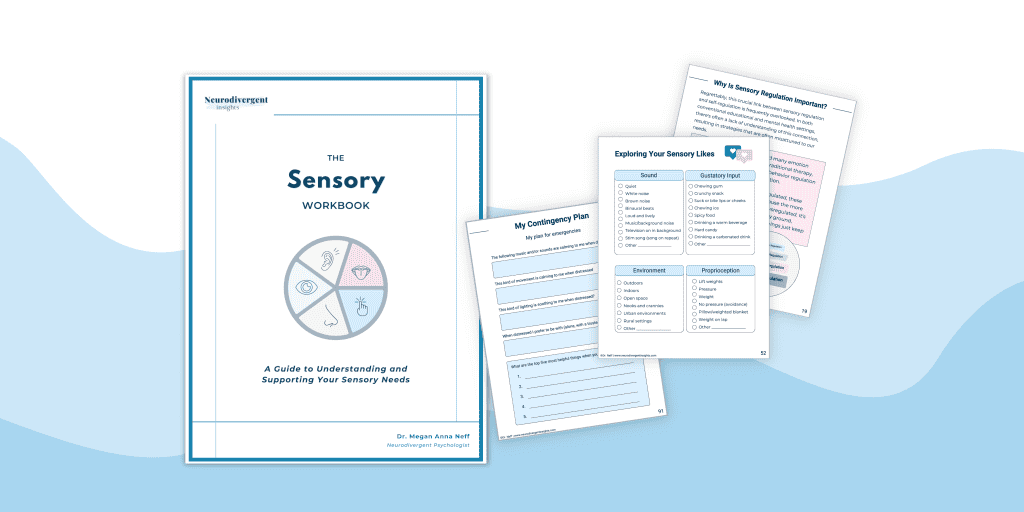 A mockup of the Sensory Workbook showing the cover and several inside pages, including worksheets, sensory category charts, and planning templates. The pages feature pastel colors and clean, structured layouts.
