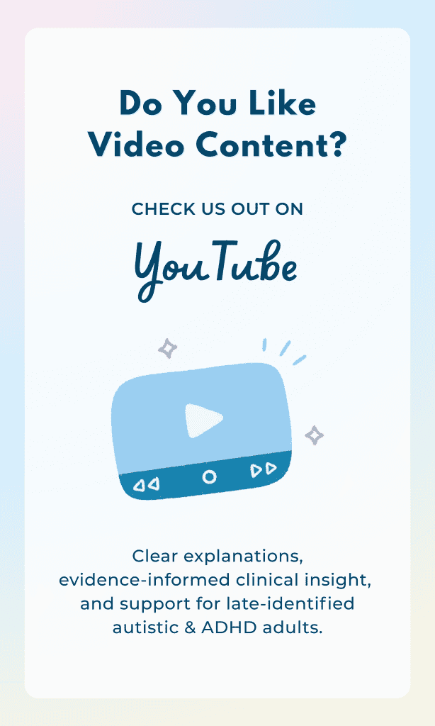 “YouTube video content promo with play button illustration for autistic and ADHD adults.”