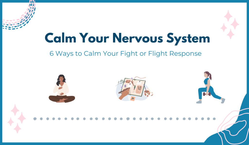 Title Text "Calm your nervous system" and images of people breathing, journal and exercising.