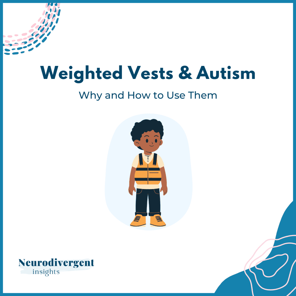 Title slide with the text 'Weighted Vests & Autism: Why and How to Use Them'. In the center is an illustration of a smiling child with curly hair wearing a yellow and black weighted vest, black trousers, and yellow shoes. The logo 'Neurodivergent Insights' is in the bottom left corner.
