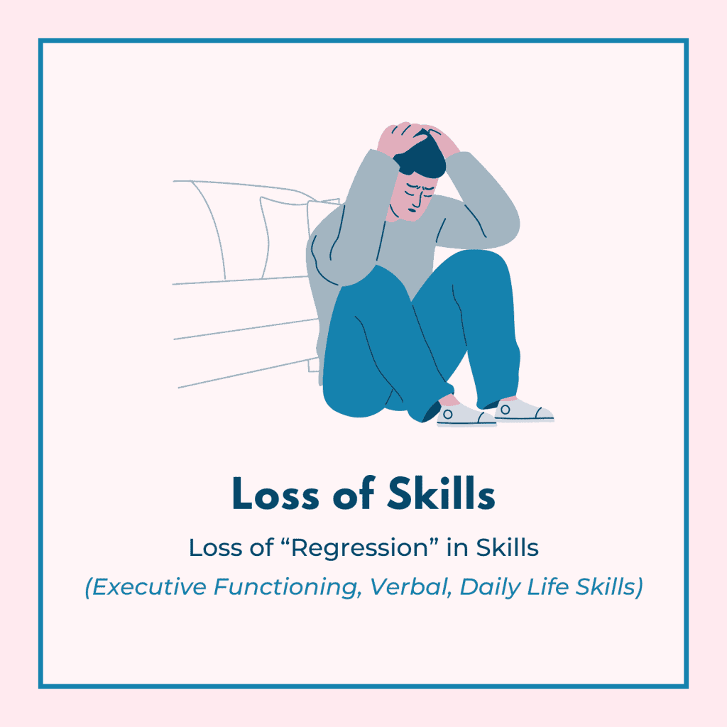 Graphic titled “Loss of Skills” with a subtitle “Loss of ‘Regression’ in Skills (Executive Functioning, Verbal, Daily Life Skills).” Depicts a distressed person sitting on the floor with hands on their head in front of a couch.