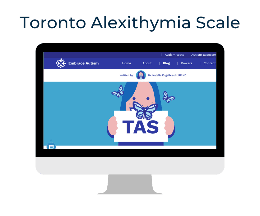 An illustrated computer screen shows the Embrace Autism website with a cartoon figure holding a sign that says "TAS" for Toronto Alexithymia Scale. Blue butterflies surround the figure. The text above the screen reads "Toronto Alexithymia Scale."
