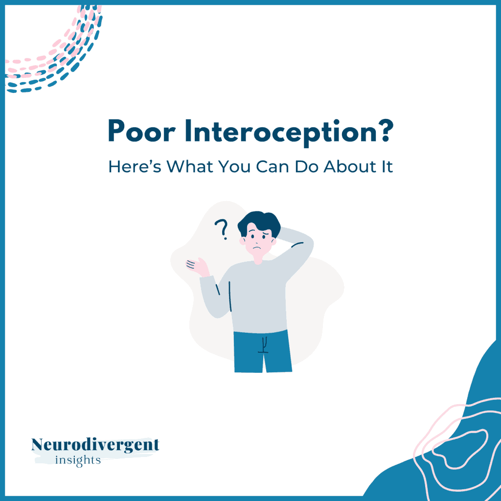 Illustration of a confused person with a question mark above their head. Text reads: "Poor Interoception? Here’s What You Can Do About It." Logo: Neurodivergent Insights.