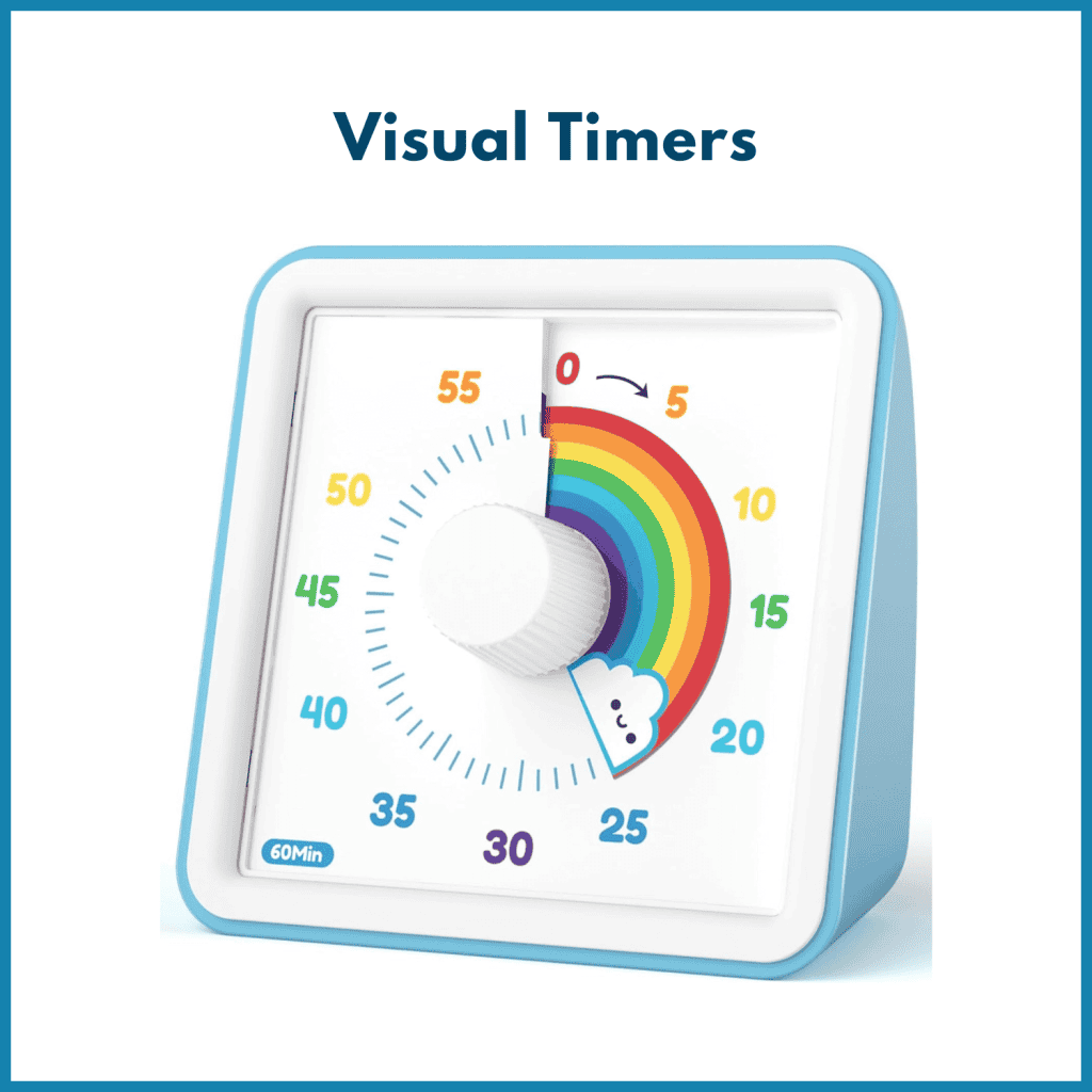 Illustration of a colorful rainbow-themed 60-minute visual timer. Text above reads: "Visual Timers.”