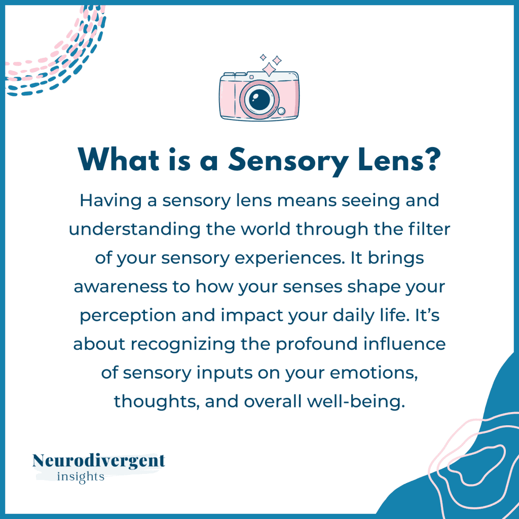 Graphic with a pink camera icon and the title ‘What is a Sensory Lens?’ followed by text explaining how sensory experiences shape perception, emotions, and well-being, by Neurodivergent Insights.