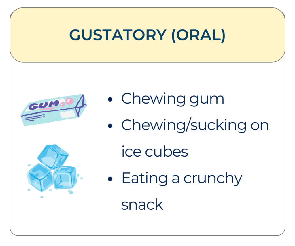 Illustration of chewing gum and ice cubes with text listing gustatory preferences: chewing gum, chewing or sucking on ice cubes, eating a crunchy snack.