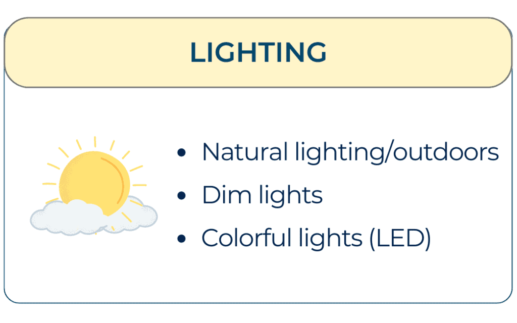 Illustration of a sun and cloud with text listing lighting preferences: natural lighting or outdoors, dim lights, colorful lights (LED).