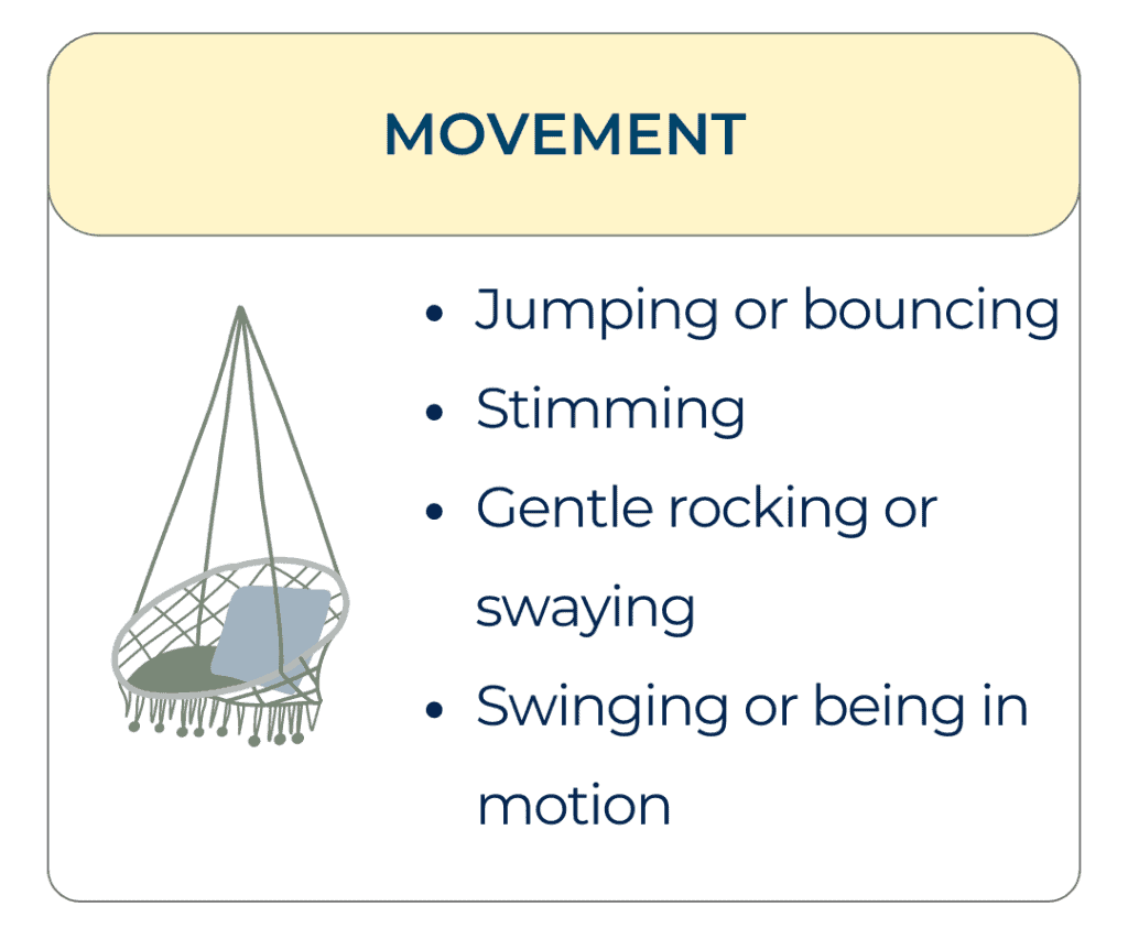 Illustration of a hanging chair with a cushion and blanket, with text listing movement preferences: jumping or bouncing, stimming, gentle rocking or swaying, swinging or being in motion.