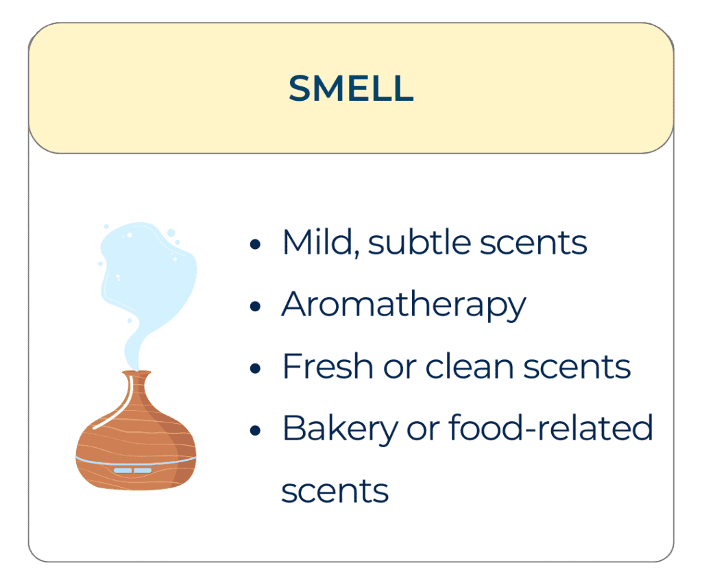Illustration of an aromatherapy diffuser with steam rising, with text listing smell preferences: mild, subtle scents; aromatherapy; fresh or clean scents; bakery or food-related scents.