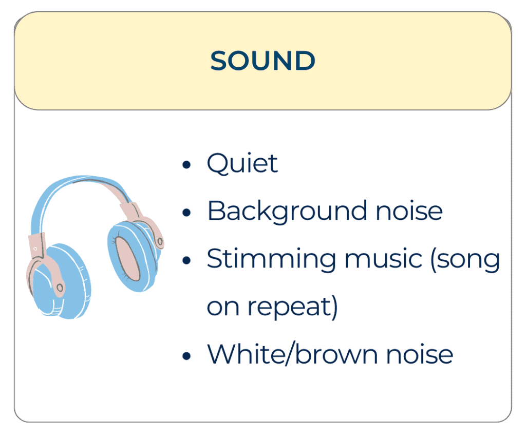 Illustration of blue headphones with text listing sound preferences: quiet, background noise, stimming music (song on repeat), white or brown noise.