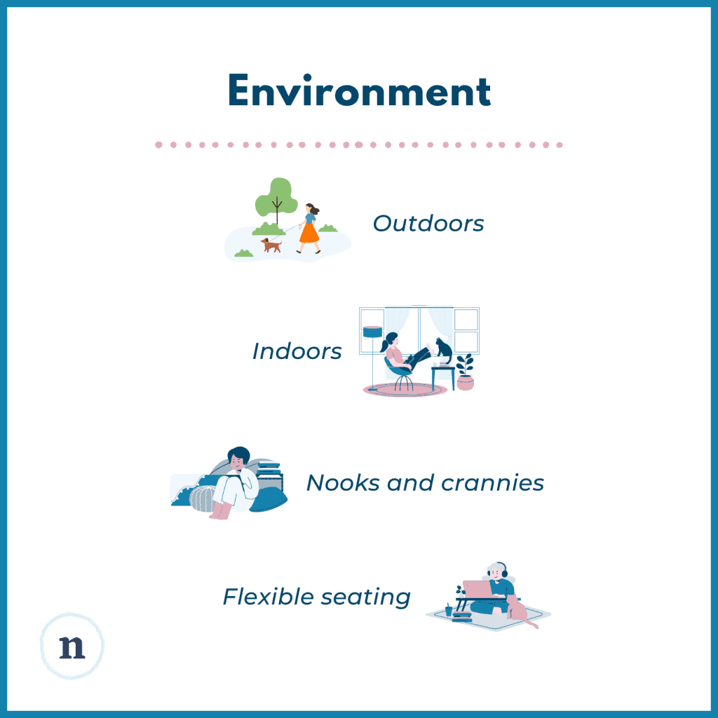 Illustrations of a woman walking a dog, people sitting indoors, a person curled up in a nook, and a child using flexible seating, with text listing environment preferences: outdoors, indoors, nooks and crannies, flexible seating.