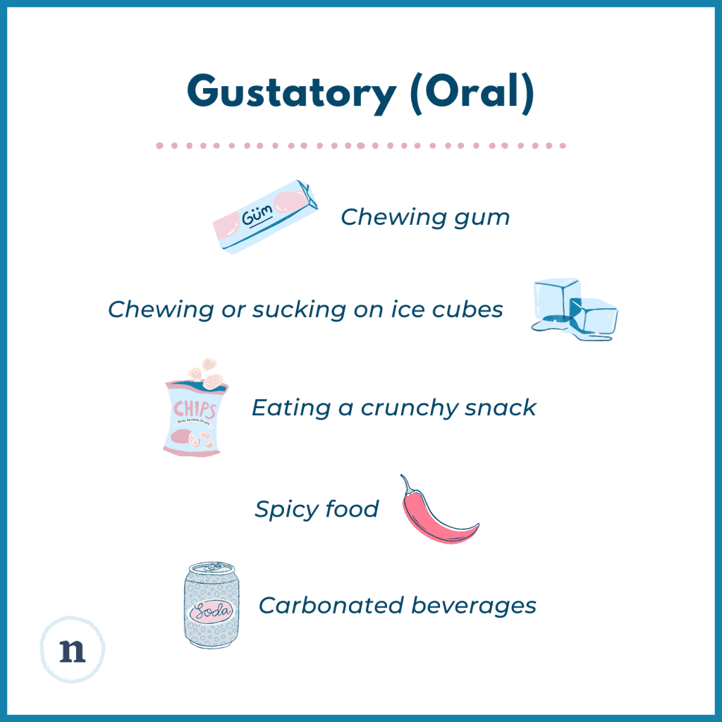 Illustrations of gum, ice cubes, chips, a chili pepper, and a soda can with text listing gustatory preferences: chewing gum, chewing or sucking on ice cubes, eating a crunchy snack, spicy food, carbonated beverages.