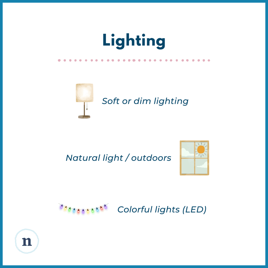 Illustrations of a lamp, a sunny window, and string lights with text listing lighting preferences: soft or dim lighting, natural light or outdoors, colorful lights (LED).