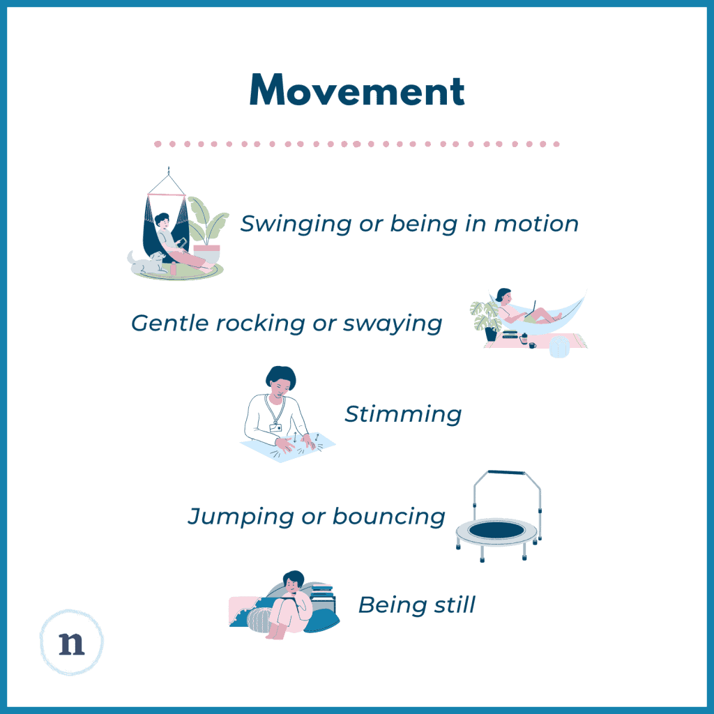 Illustrations of a swinging chair, hammock, person stimming, trampoline, and person sitting still with text listing movement preferences: swinging or being in motion, gentle rocking or swaying, stimming, jumping or bouncing, being still.