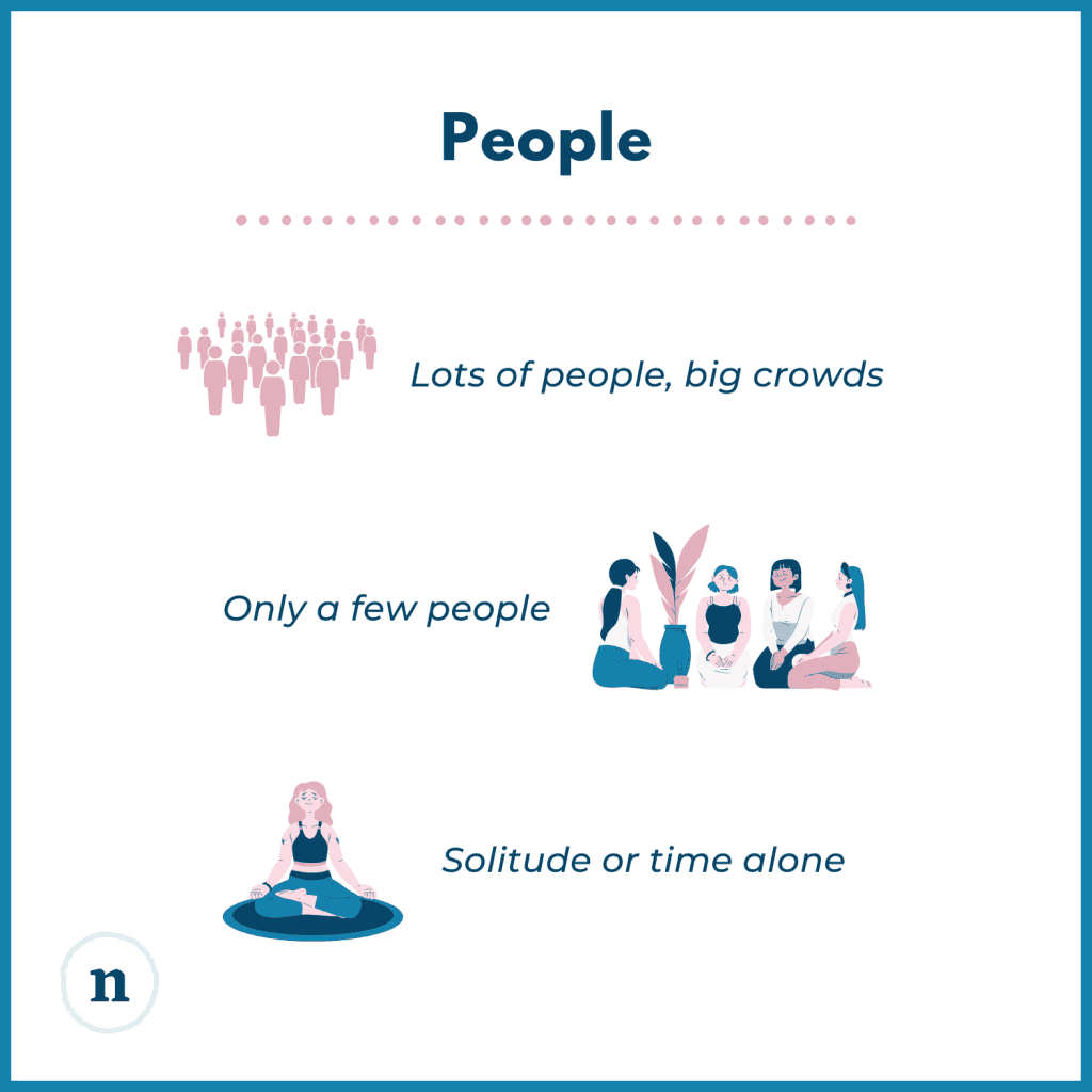 Illustrations of people talking, sitting alone, and enjoying group activities, with text listing preferences: spending time with others, spending time alone, small groups, large crowds.