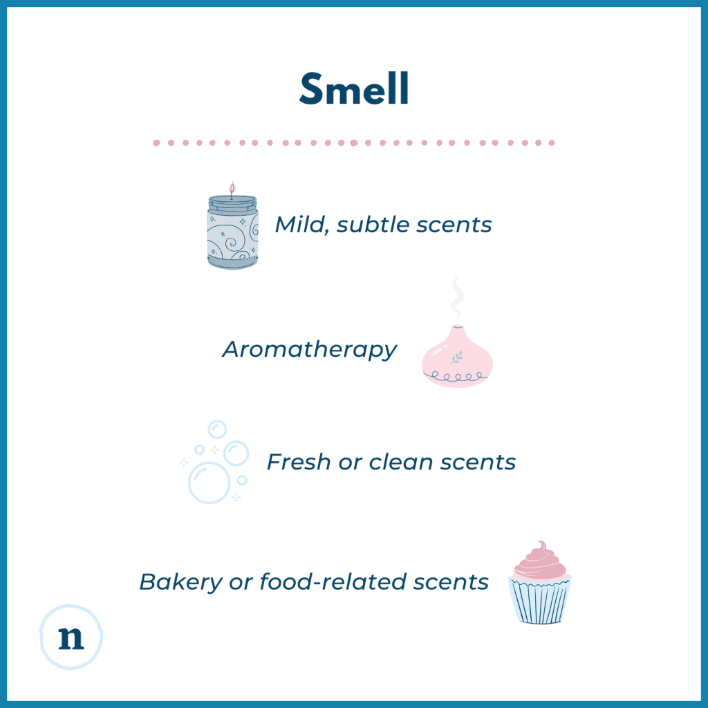 Illustrations of flowers, a bakery loaf, and an aromatherapy diffuser with text listing smell preferences: fresh or clean scents, bakery or food-related scents, aromatherapy, no scent.
