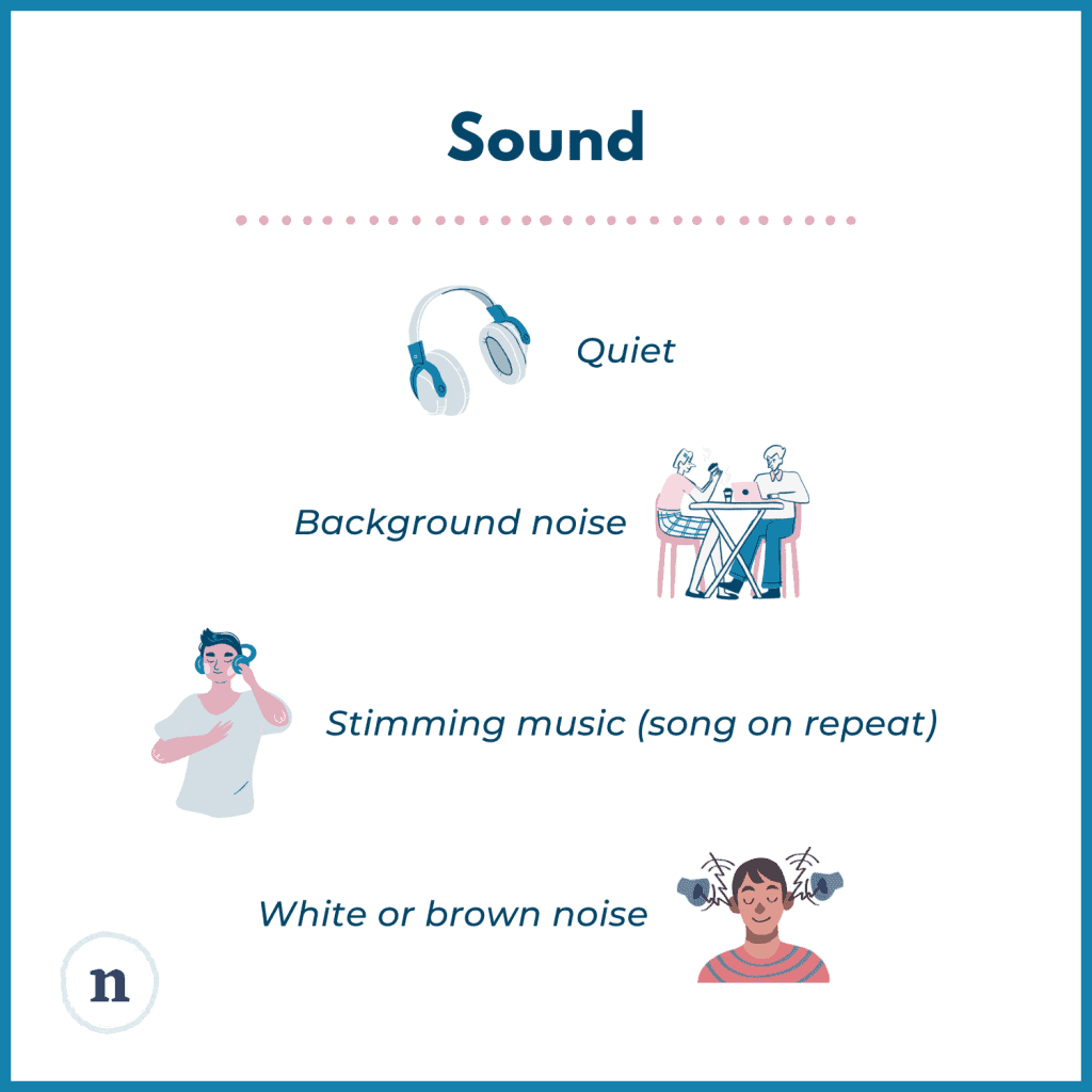 Illustrations of headphones, musical notes, and sound waves with text listing sound preferences: quiet, background noise, music for stimming, white or brown noise.
