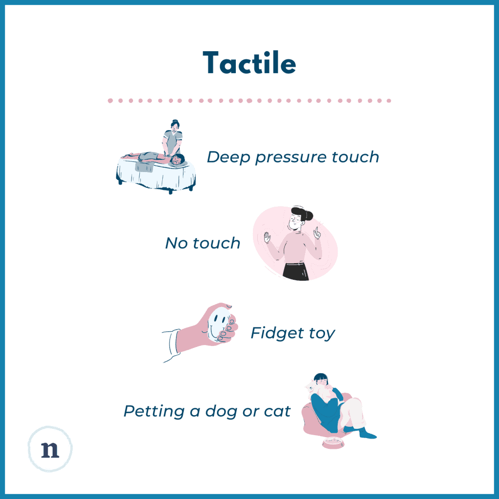 Illustrations of a soft blanket, a fidget toy, and petting a dog with text listing tactile preferences: deep pressure touch, no touch, fidget toy, petting an animal.