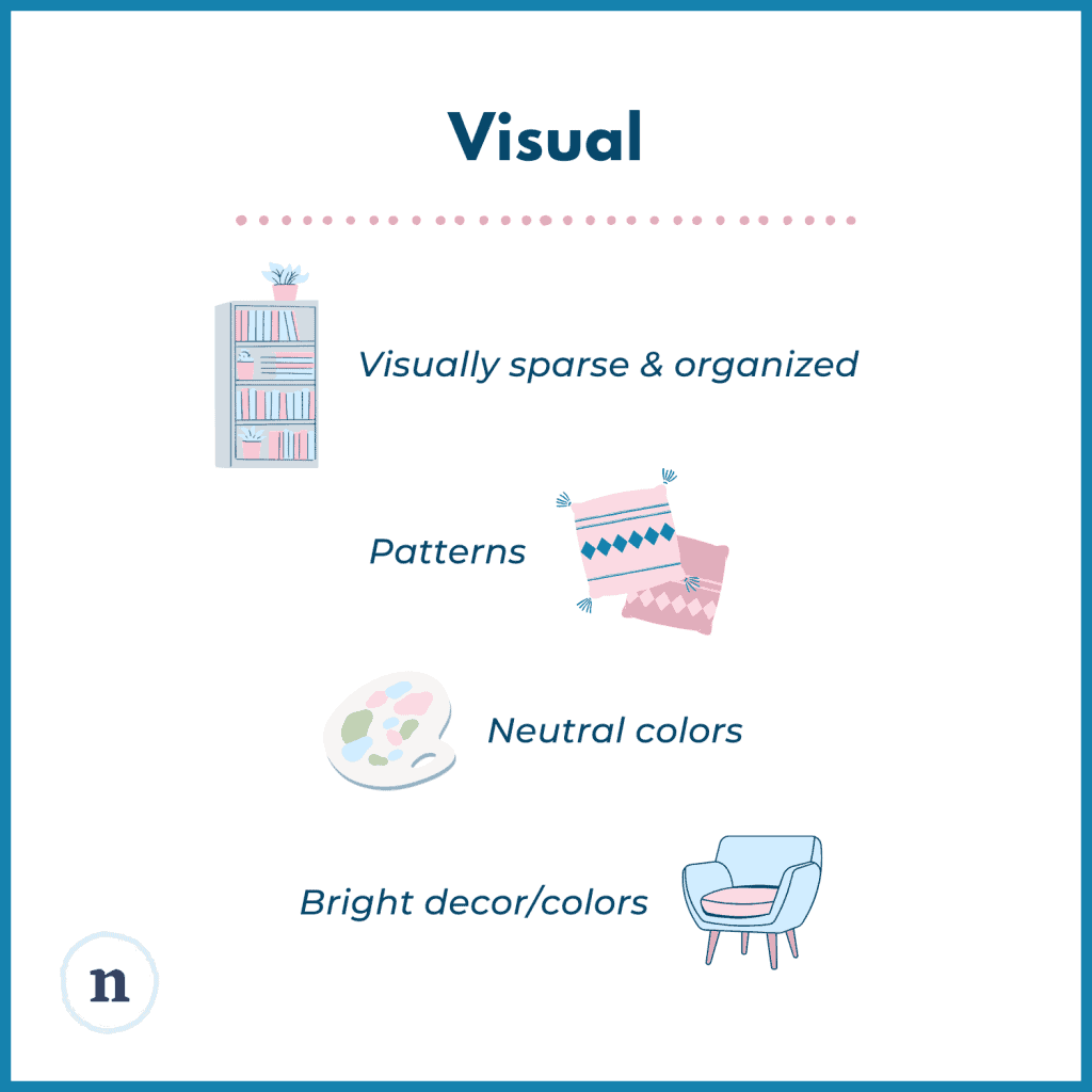 Illustrations of a minimalist room, colorful décor, and patterned designs with text listing visual preferences: visually sparse and organized, neutral colors, patterns, bright décor or colors.