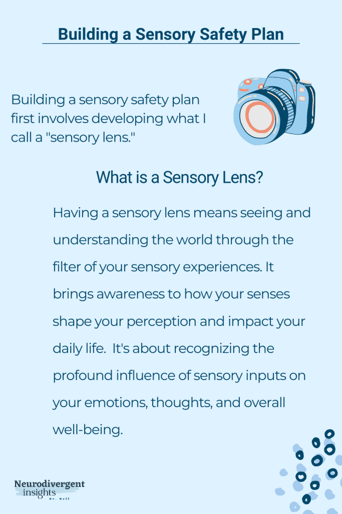 Graphic titled “Building a Sensory Safety Plan” with an illustration of a camera and explanatory text about developing a “sensory lens” to understand the world through sensory experiences.