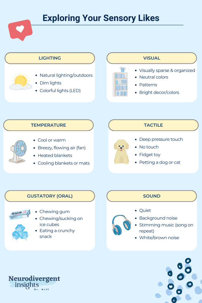 Graphic titled “Exploring Your Sensory Likes” with illustrated boxes showing sensory preferences for lighting, visual, temperature, tactile, gustatory, and sound categories.
