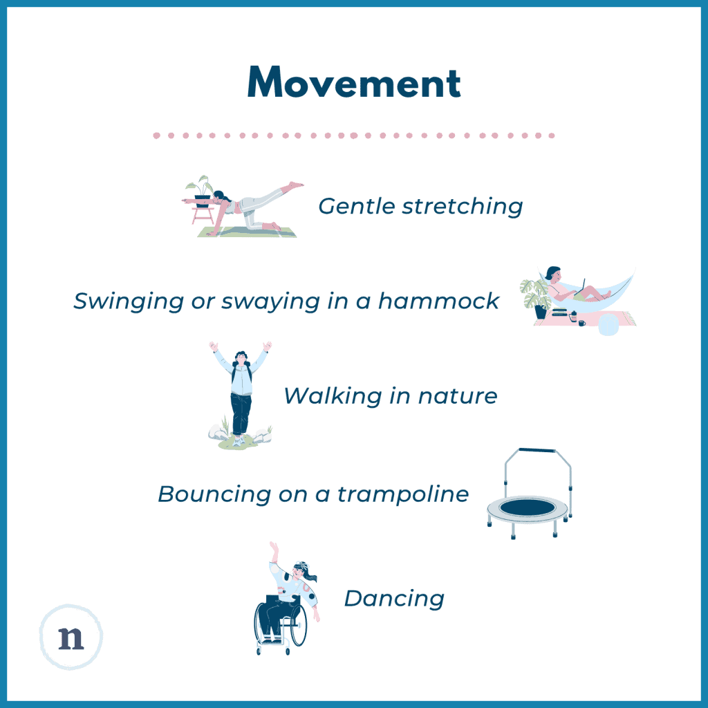 A square infographic titled "Movement" showcasing sensory calming techniques that involve physical activity. Illustrated examples include: gentle stretching, swinging or swaying in a hammock, walking in nature, bouncing on a trampoline, and dancing (including a person dancing in a wheelchair).