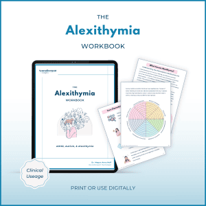 The Alexithymia Workbook (Clinical Usage) by Dr. Megan Anna Neff displayed on a tablet with sample pages, including a colorful emotional awareness wheel and core characteristics of alexithymia. Designed for therapists and coaches to share with clients; available as print or digital PDF.