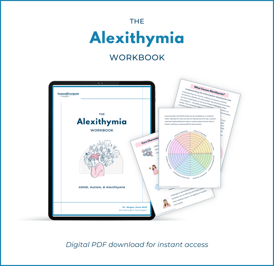 Tablet mockup of The Alexithymia Workbook with illustrated worksheets on emotion identification and self-reflection. Created by Dr. Megan Anna Neff for ADHD, Autism, and alexithymia.