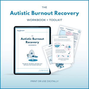 Digital mockup of “The Autistic Burnout Recovery Workbook + Toolkit” shown on a tablet with sample workbook pages. Text below says “Print or use digitally.
