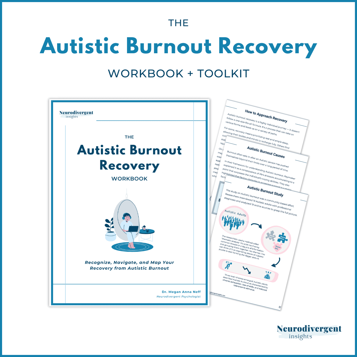 Flat lay mockup of “The Autistic Burnout Recovery Workbook + Toolkit” cover with several sample workbook pages fanned out behind it, showing sections on signs, causes, and recovery.