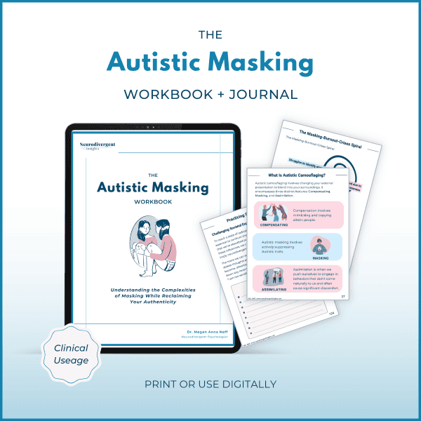 Digital mockup of “The Autistic Masking Workbook + Journal” on a tablet with sample pages showing the masking–burnout–crisis spiral, a masking definition chart, and reflective prompts. Badge reads “Clinical Usage.” Text below: “Print or use digitally.”